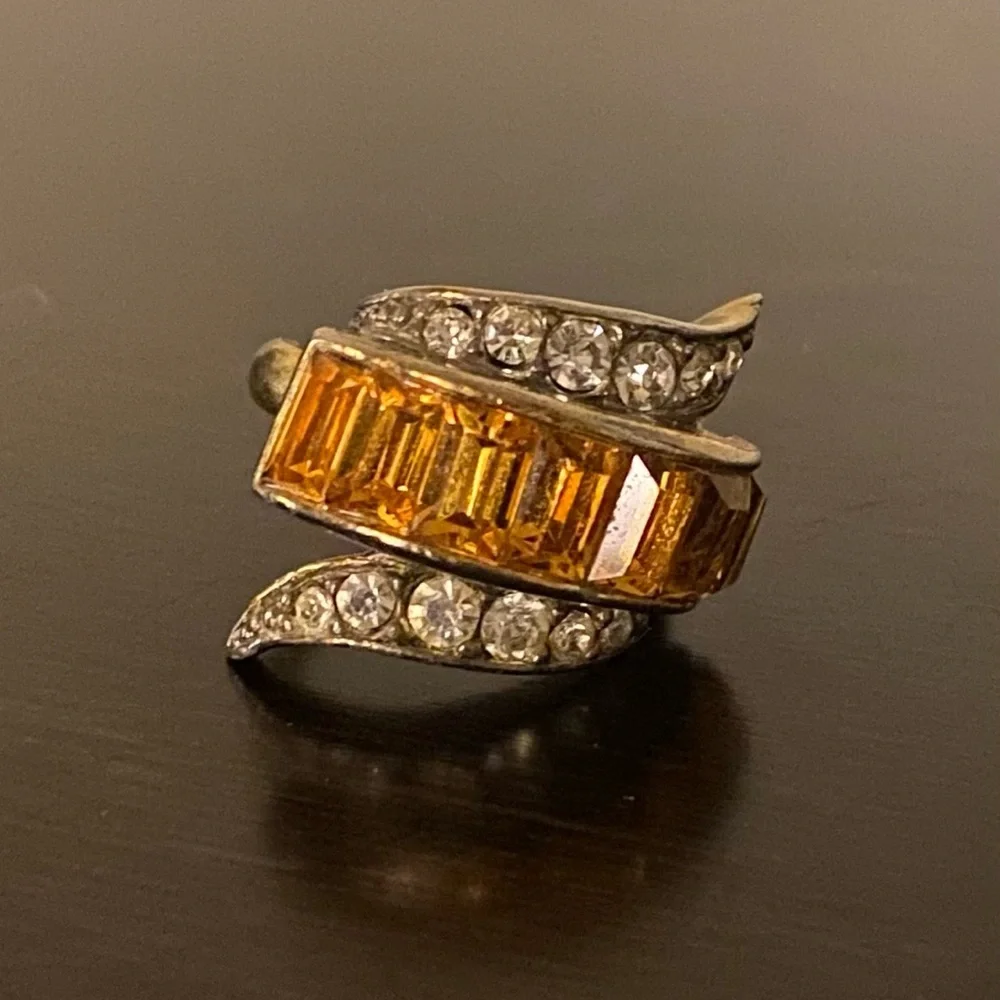 Vintage EMMONS Mid-Century Citrine Crystal Cocktail Ring | Adjustable (Sz 5–7)